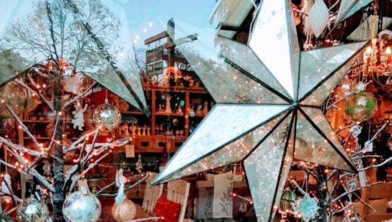 Christmas ornaments in shop window