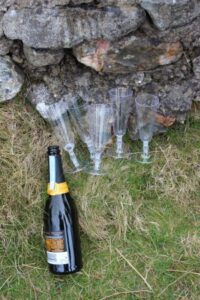 Plastic champagne flutes and bottle leaning against a stone wall.