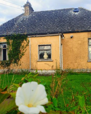 Derelict House with religious statue in the window. Co. Galway Ireland.